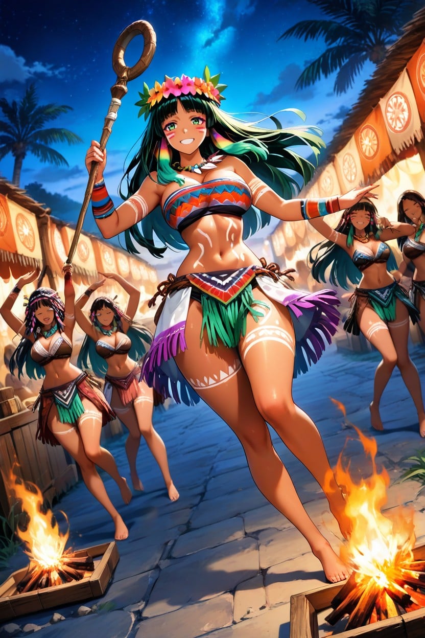Soft Lighting, Colorful Maori Necklace, Maori Grass Skirt Hentai AI Porn