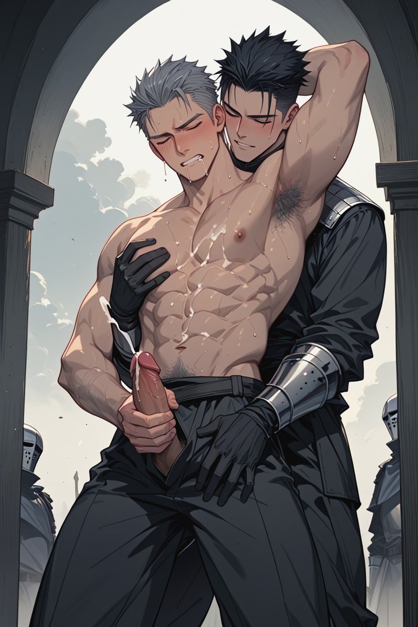 Groping A Person, Gray Hair Knight And Black Hair Knight, Standing AI Gay Porn