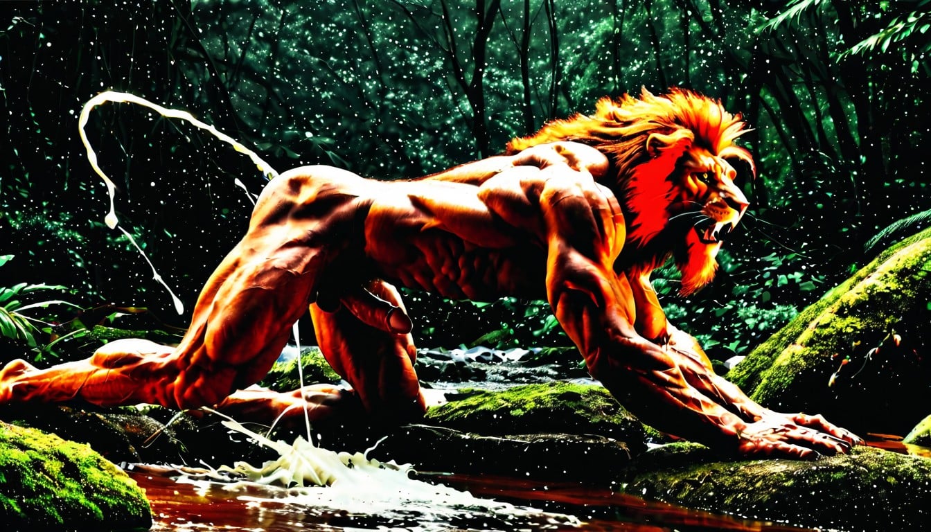 On All Fours, Muscle Growth, Golden Lion Mane AI Gay Porn