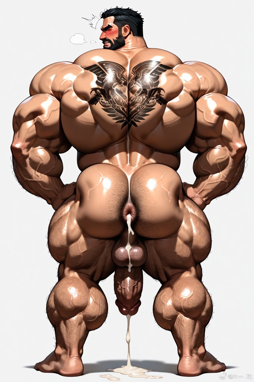 Hyper Muscular Bottom, Hairy Calves, White Background AI Gay Porn