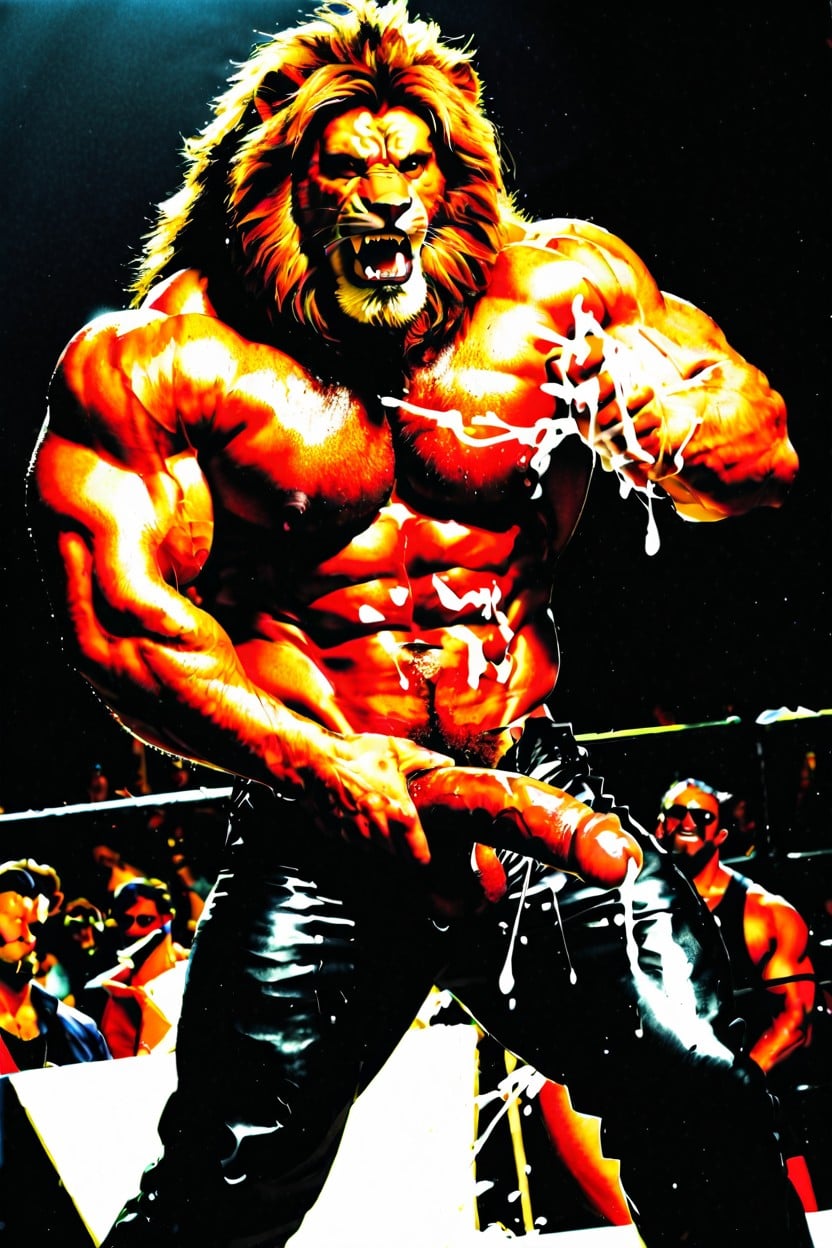 Lion Head, Unbuttoned Leather Pants, Veiny Cock AI Gay Porn