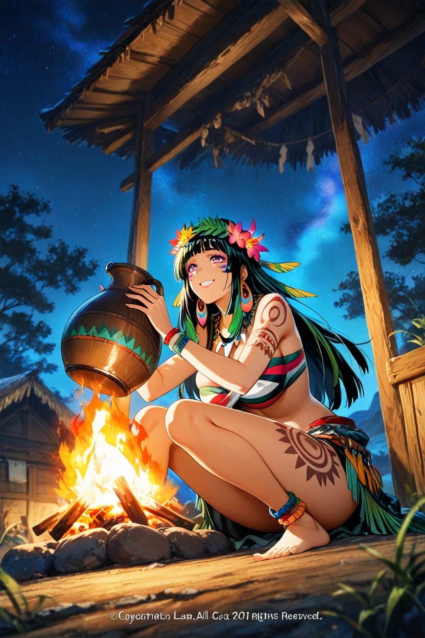 Large Bonfire In Village Center, Happy Smile, Long Permed Wavy Black Hair Hentai AI Porn
