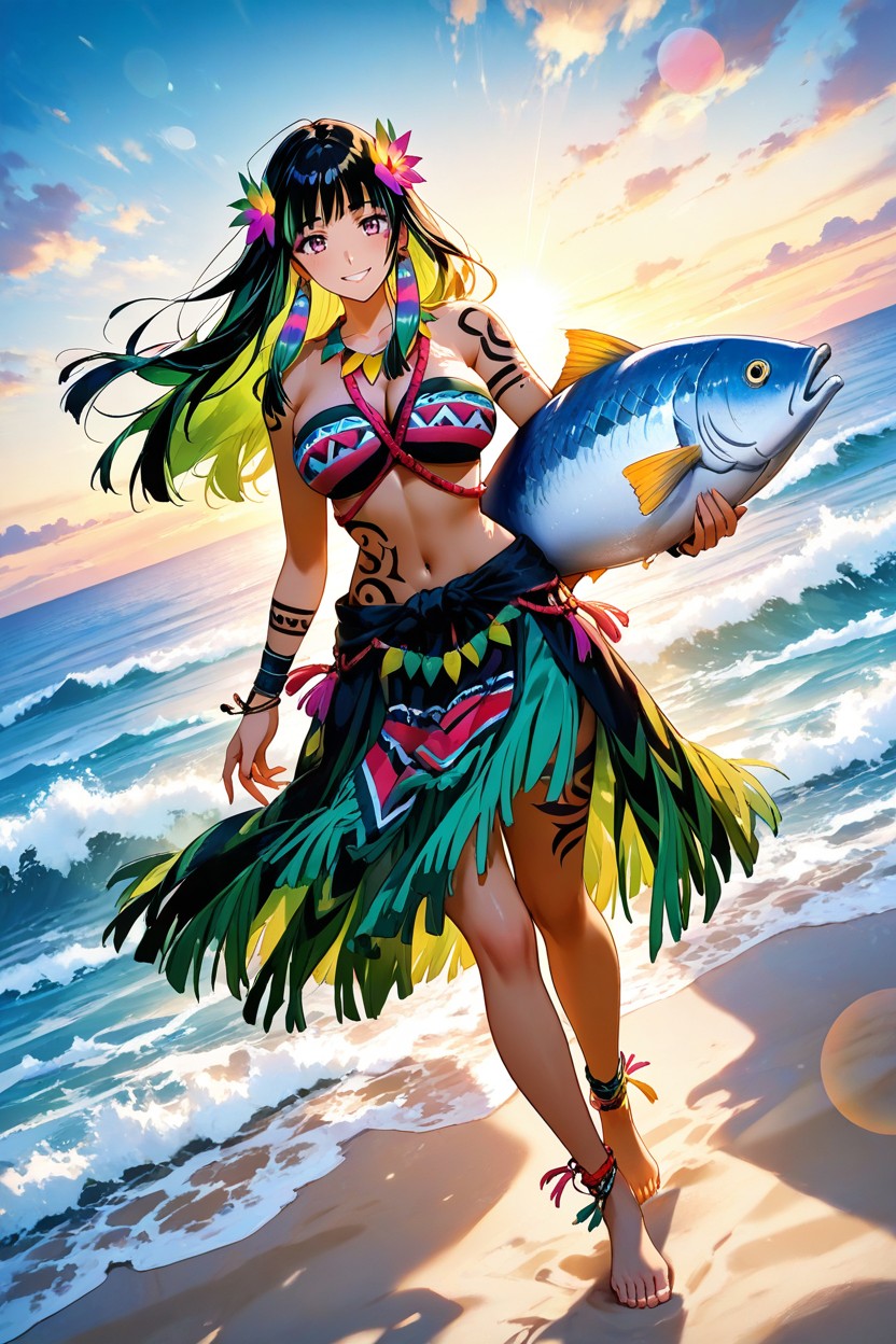 Front View, Long Permed Wavy Black Hair, Polynesian Hentai AI Porn