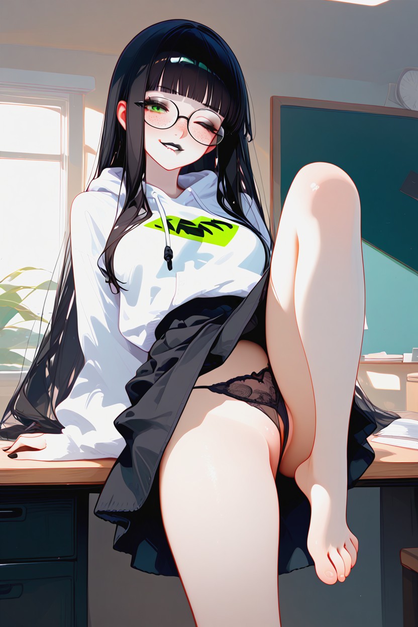 Vibrant Green Eyes, Beautiful Feet, Smiling Hentai AI Porn
