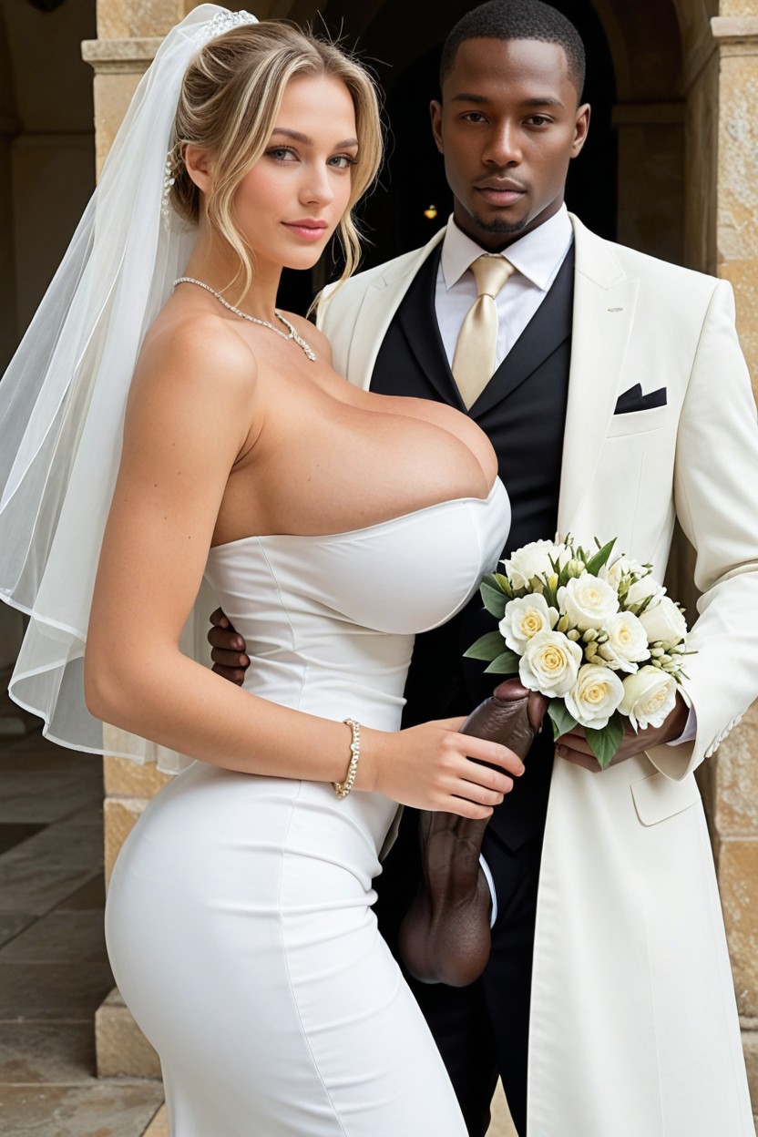 His Enormous Black Cock Is Hanging Out Of Dress Pants, Wedding Dress With A Full Thigh, One Bride AI Porn