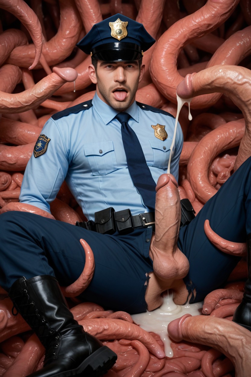 Asian Policeman, Leaking Cum, Blue Tie AI Gay Porn