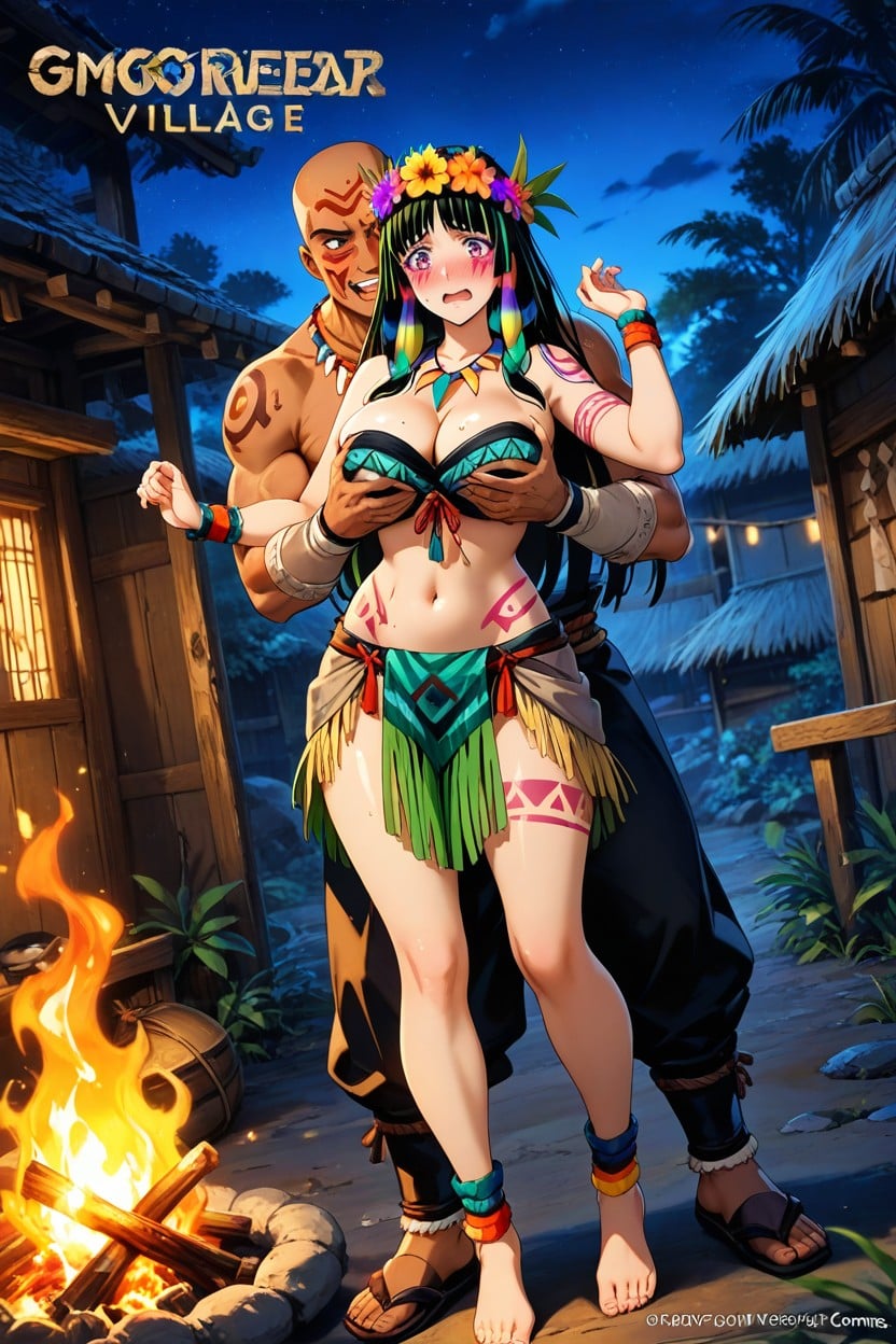Large Bonfire In Village Center, Waist Shot, In Tribal Village Hentai AI Porn