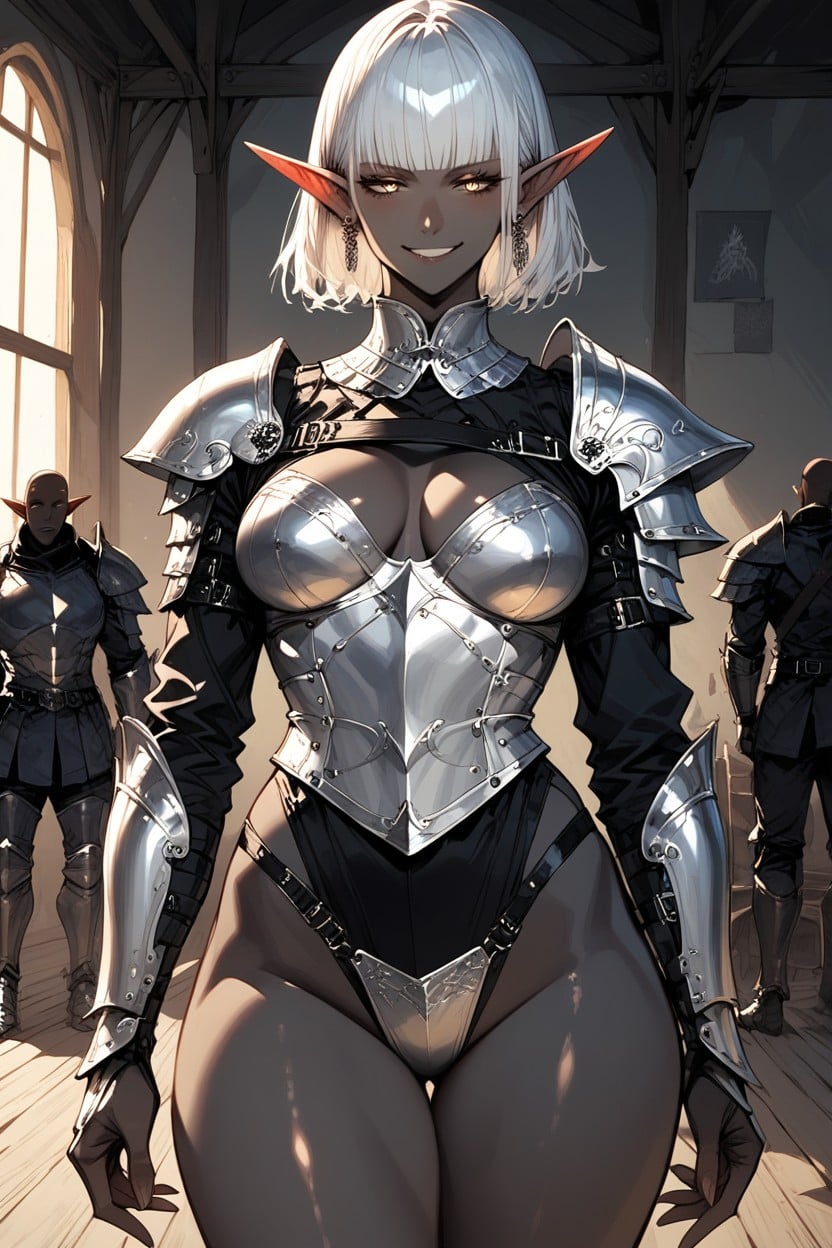 Black Skin, Silver Armor Gauntlets With Black Decorations, White Clothing Underneath The Armor Hentai AI Porn