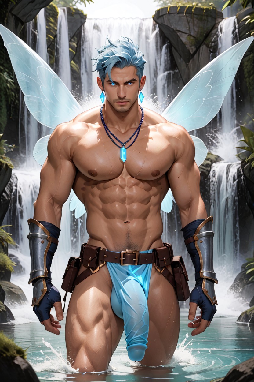 Massive Flaccid Bulge, Blue Glowing Eyes, Big Pecs AI Gay Porn