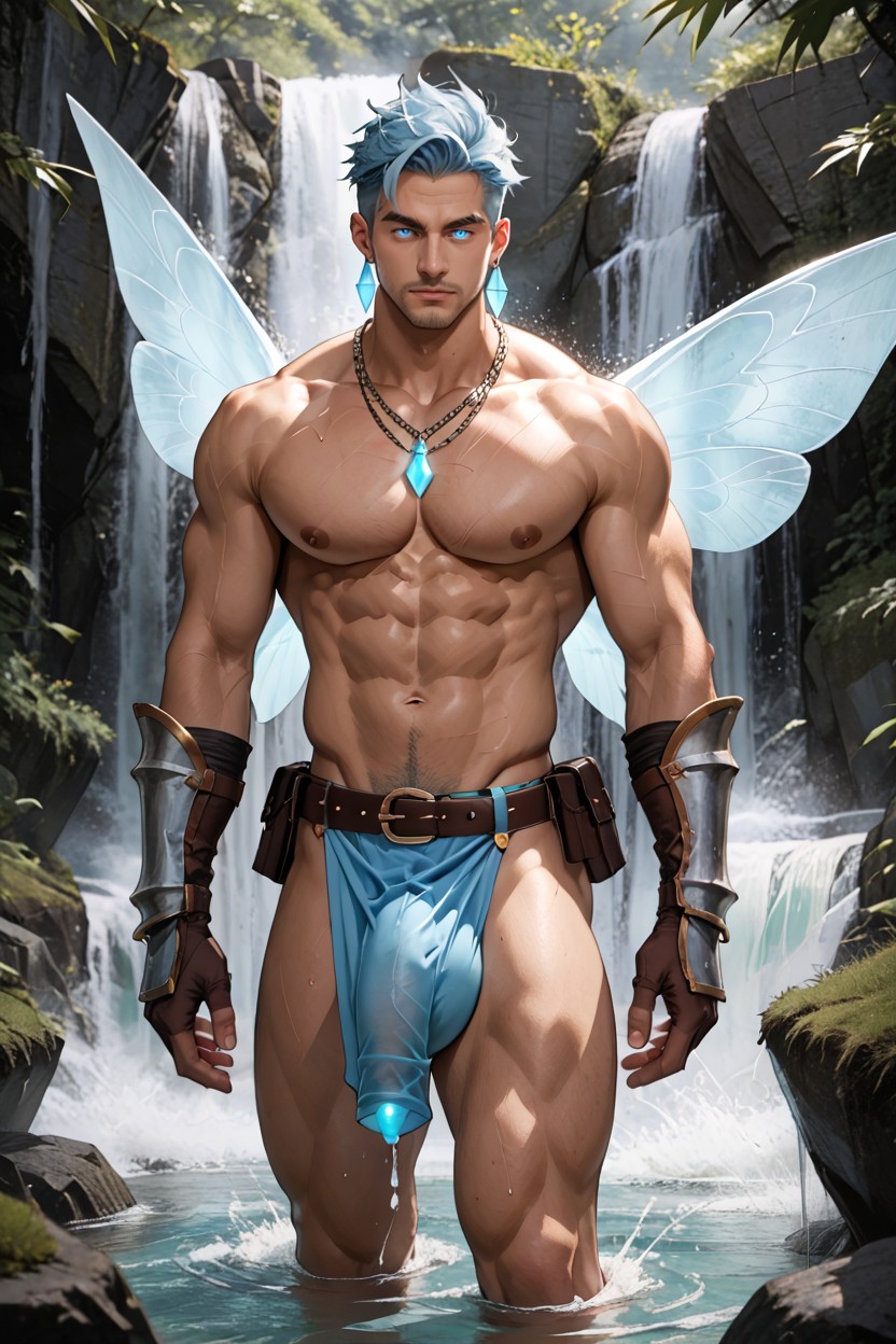 Light Blue Thong, No Shirt, Water Gauntlets AI Gay Porn