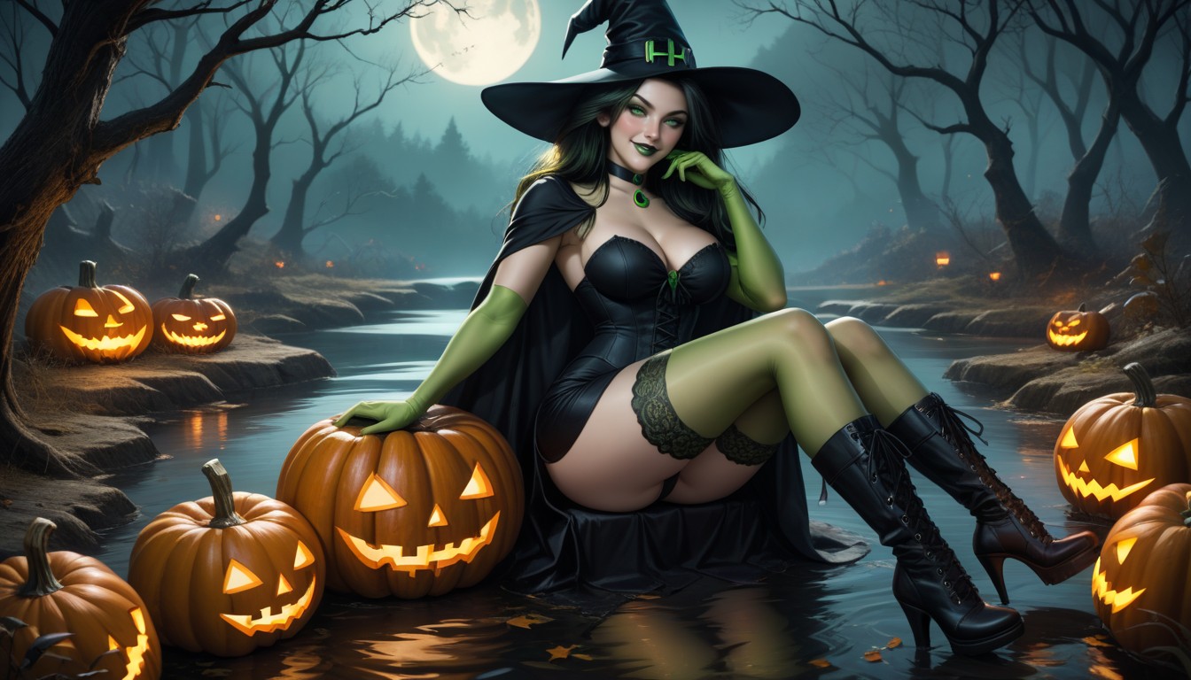 Witchs Hat With Halloween Pumpkin Brooch, Very Detailed Picture, Boots AI Porn