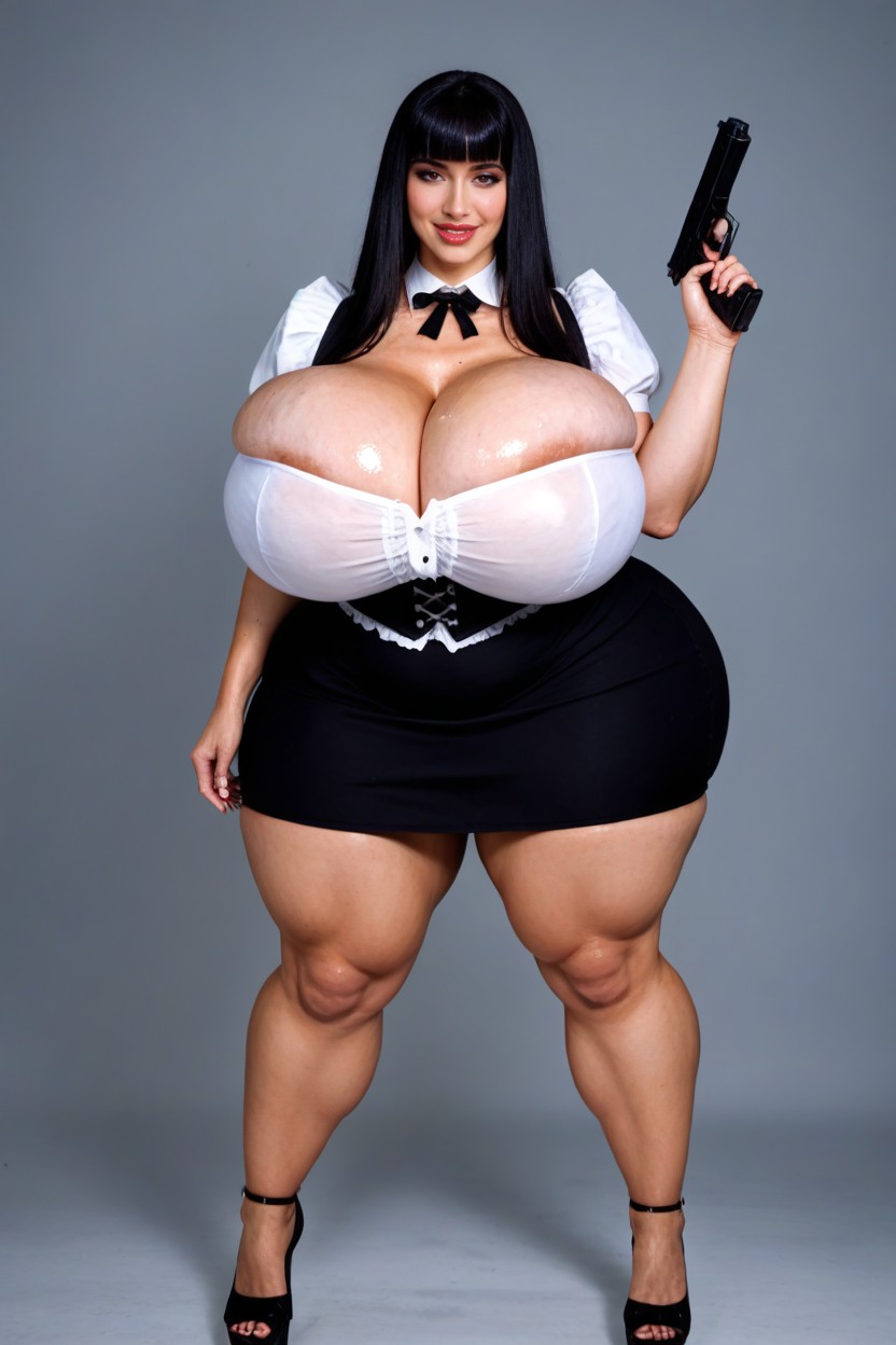 Standing, Massive Breasts, Black Maid Dress AI Porn
