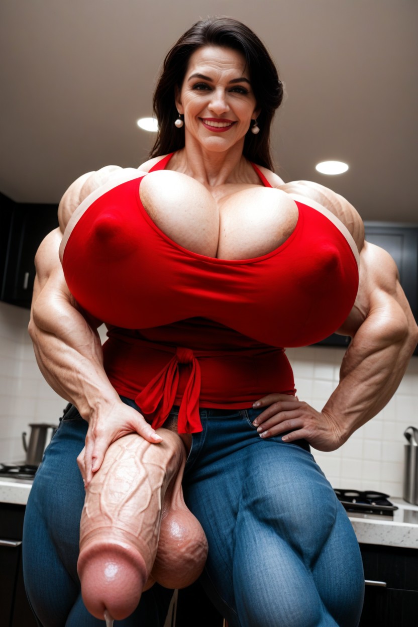 Gigantic Pectoralis Major, Futanari Housewife, Shiny Glans Shemale AI Porn
