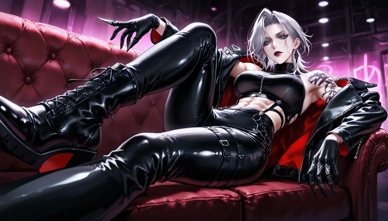 Exposing The Crotch, Tattoo, Black Leather Backless Gloves Hentai AI Porn