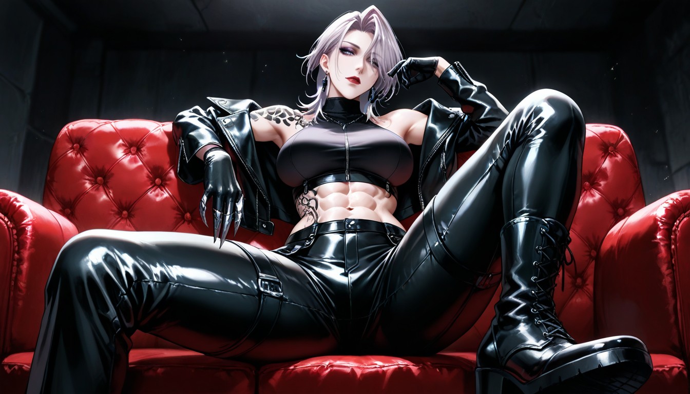 Sitting On A Leather Sofa, Abs, Detailed Face Hentai AI Porn