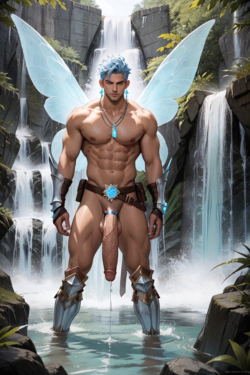 Well Defined Body, Glowing In Blue And White Light, No Pants AI Gay Porn