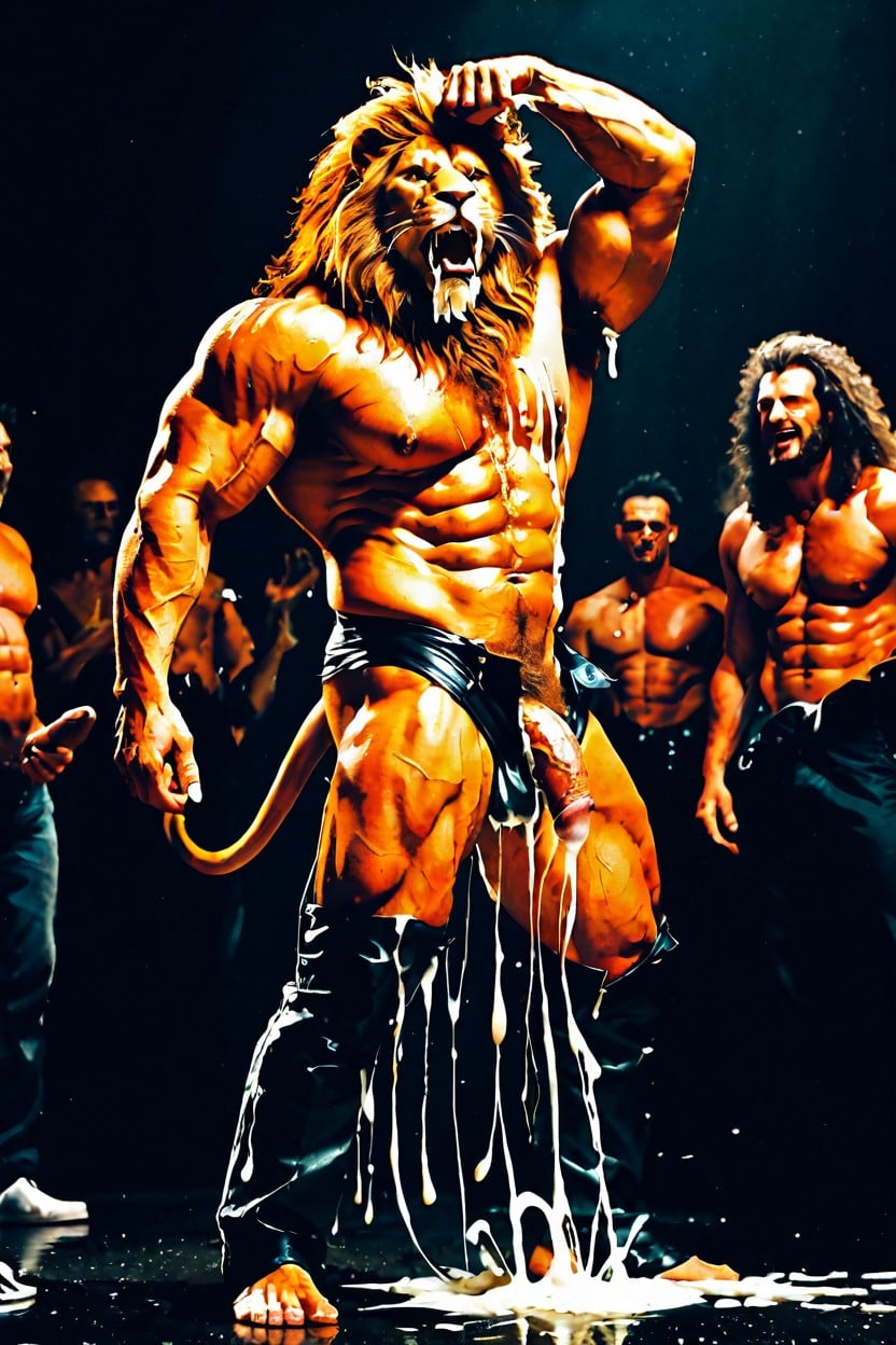 Hips Thrust Forward, Many Spurts Of Cum, Lion Head AI Gay Porn
