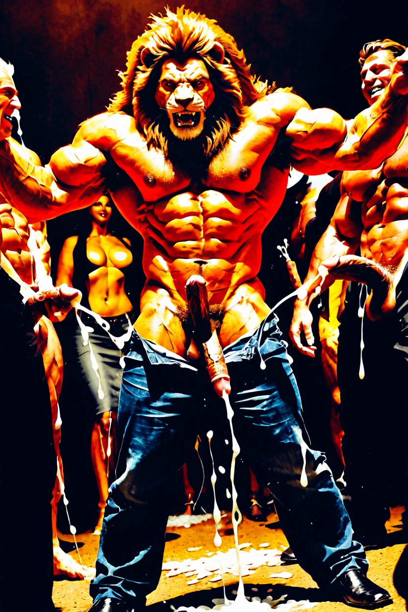 Cumshot, Golden Lion Mane, Fully Erect Cock Exposed AI Gay Porn
