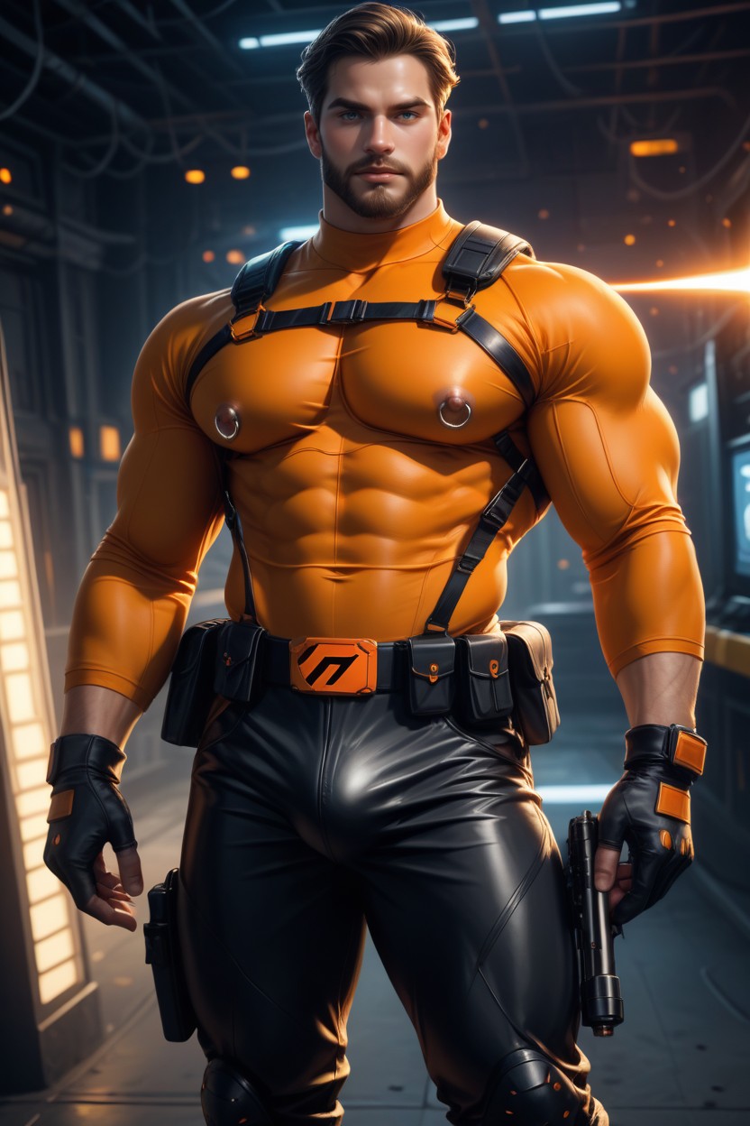 Gay, Award Winning Photo, Black With Orange Trim Thong AI Gay Porn