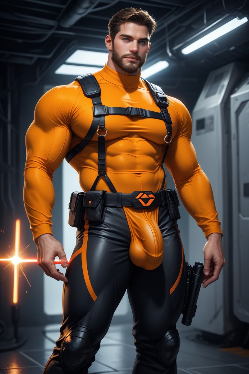 Large Ass, Black With Orange Trim Thong, Photorealistic AI Gay Porn