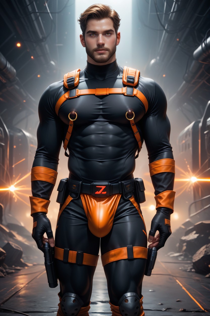 Award Winning Photo, Muscle Daddy Physique, Laser Gun AI Gay Porn