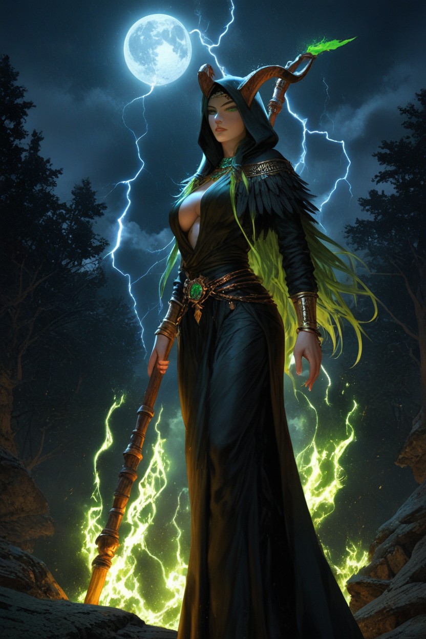 Long Legs, Celtic Stone Obelisks And Rocks With Runic Symbols, Many Black Feathers On Clothes Hentai AI Porn