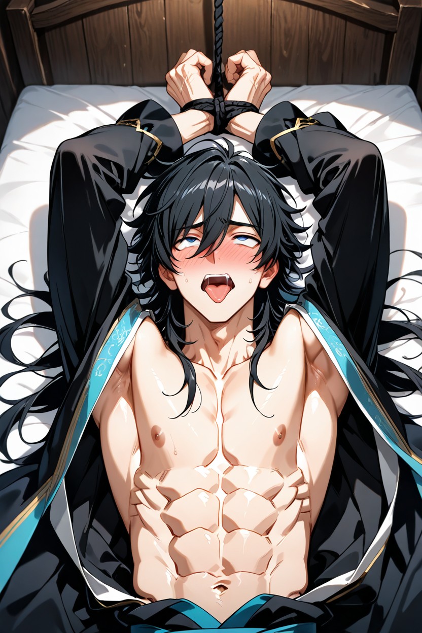 Long Bangs Hanging Down To The Forehead, Arms Up, Open Shirt AI Gay Porn