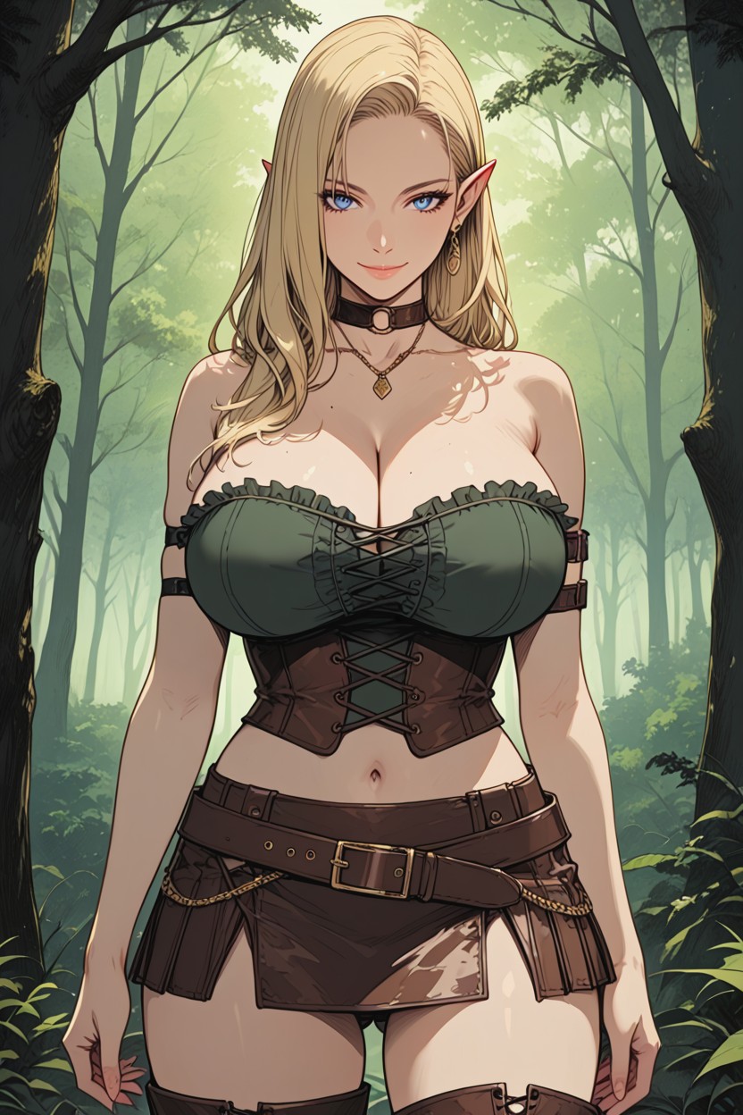 Leather Ruffled Skirt, Golden Earrings, Super Delicate Hentai AI Porn