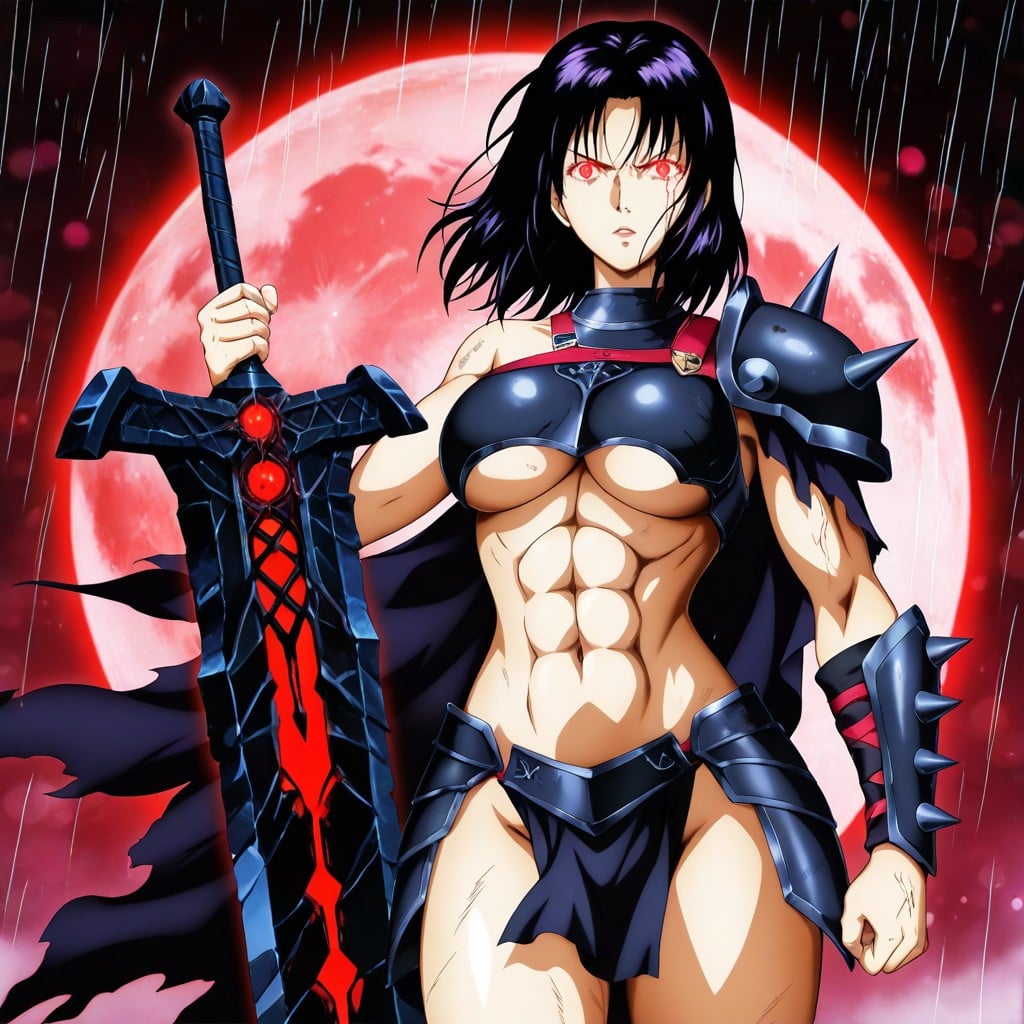 Abs, One Shoulder Exposed, Black Medium Hair Hentai AI Porn