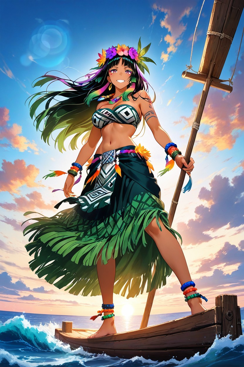 Wooden Oar On One Hand, Maori Grass Skirt, Maori Tribal Tattoos On Body Hentai AI Porn