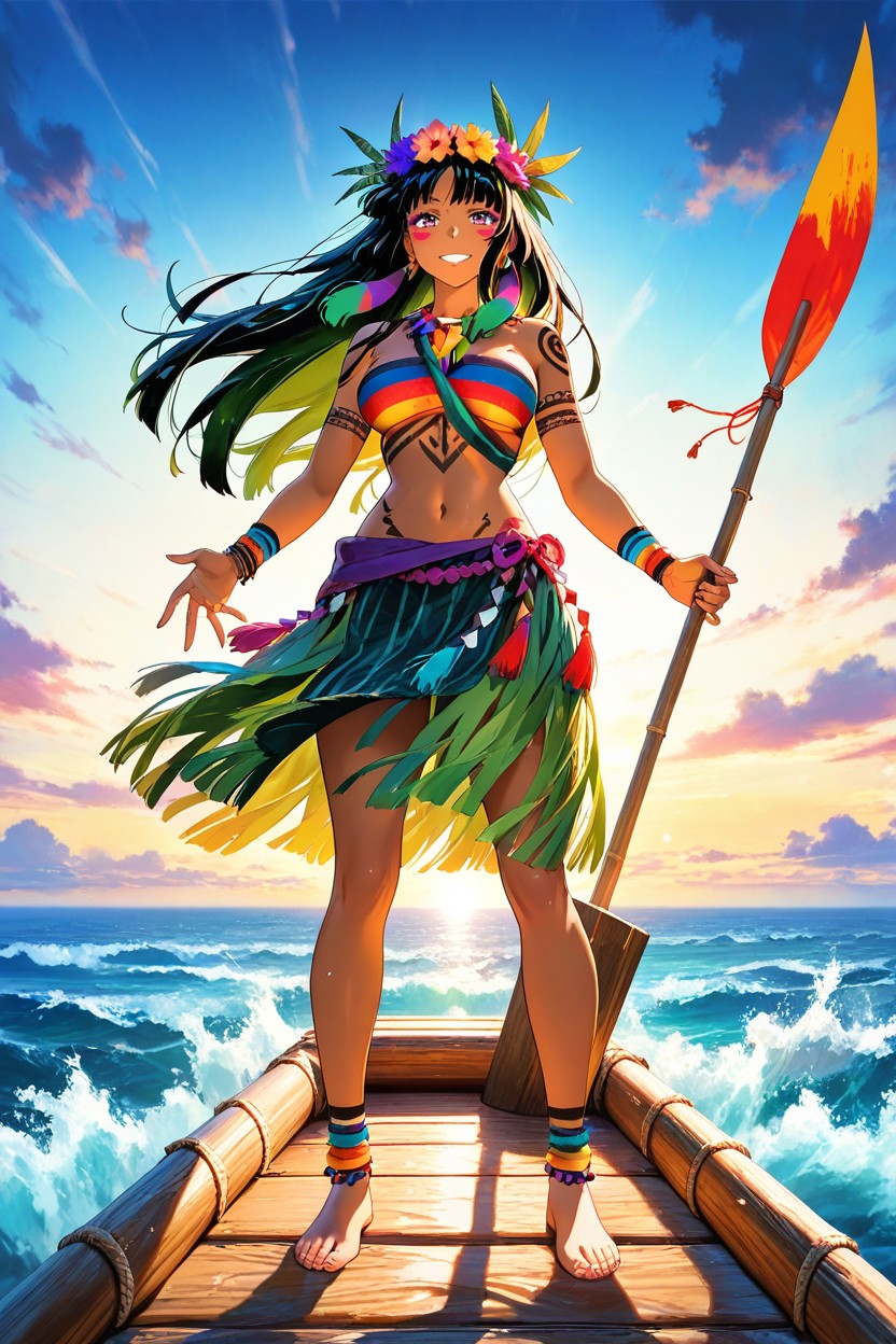 Sexy Lady, Top Down View, Large Crude Sails On Raft Hentai AI Porn
