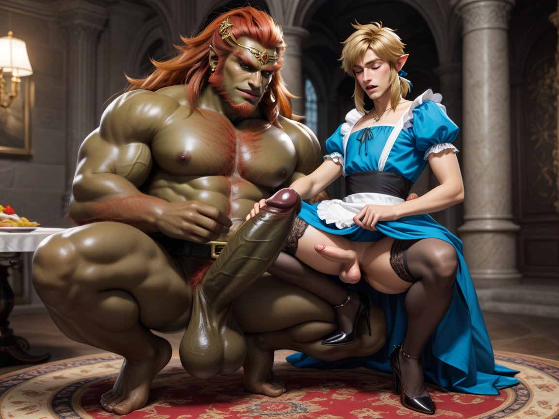 Bottomless, Black Maid Costume, Zelda Standing Right Next To Link AI Gay Porn