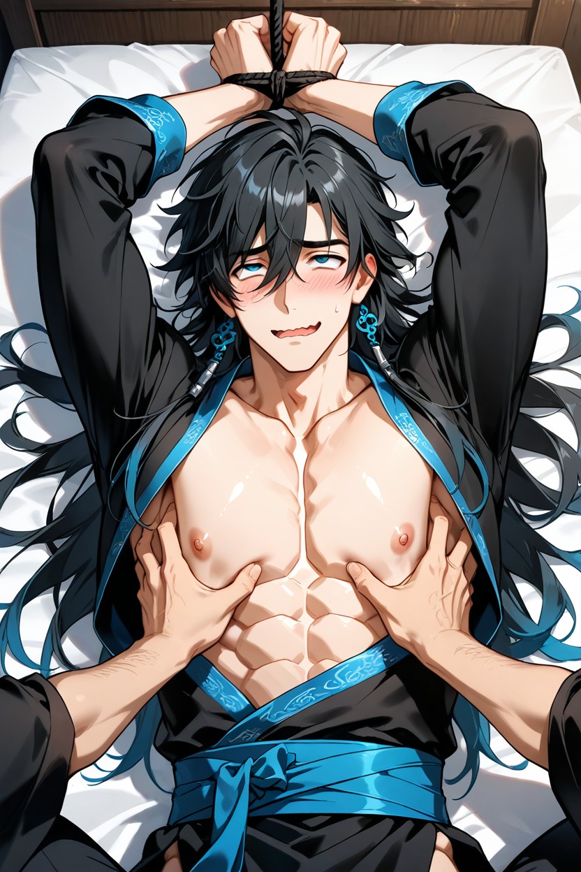 Black Long Hanfu, Black Hair, Bangs Slightly Swept To The Sides AI Gay Porn
