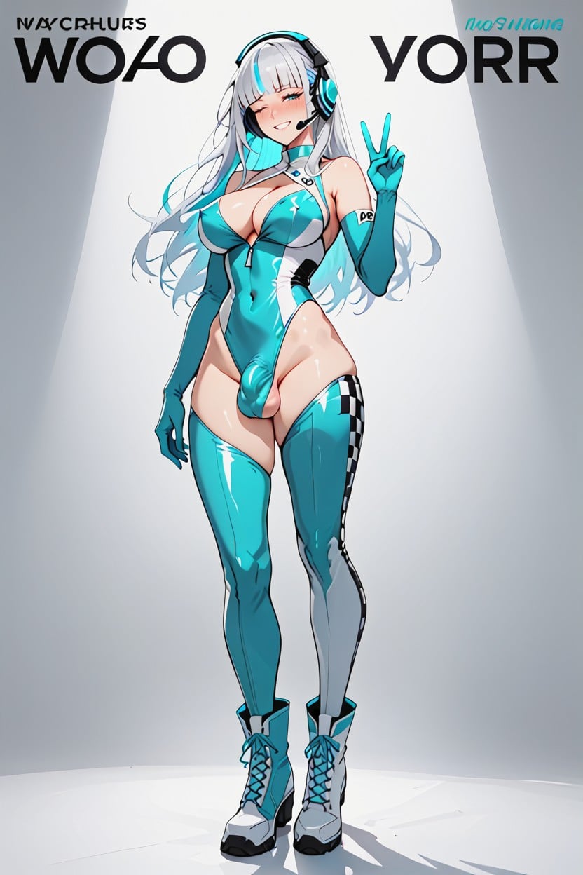18+, Cyan Lace Up, Sleeveless Shemale AI Porn