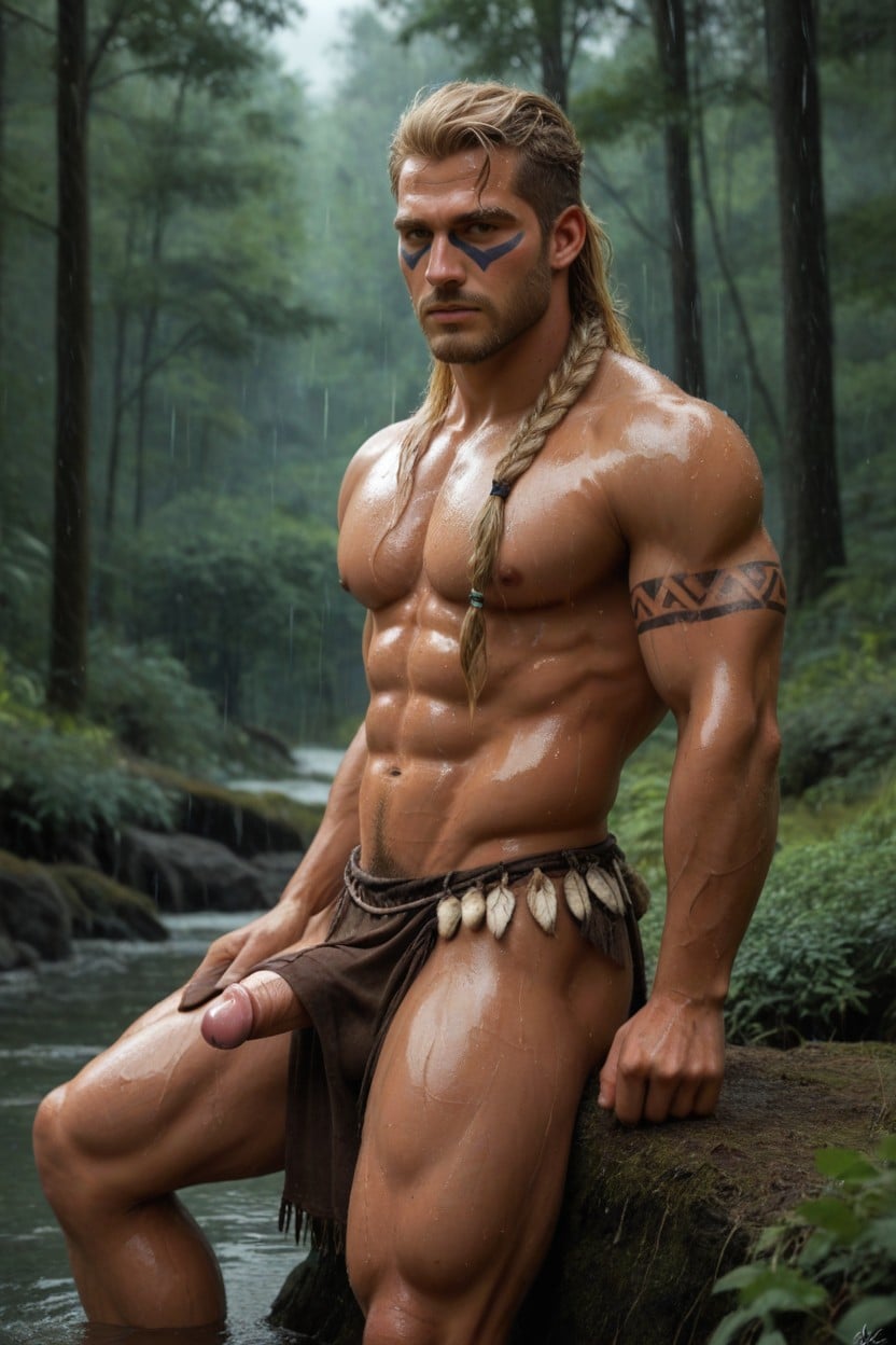 Tribal Accessories, Tattoos, Bulging Penis Under Clothes AI Gay Porn