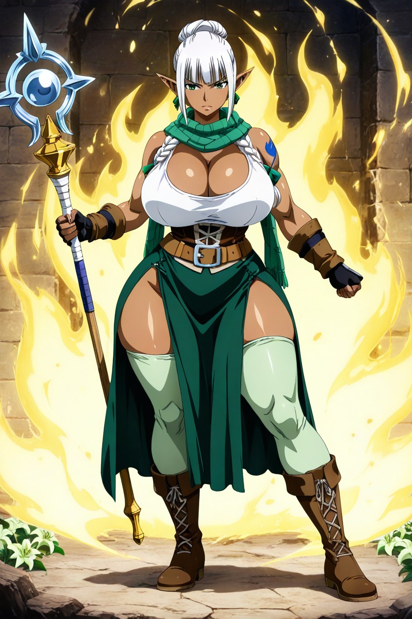 Armor On The Right Arm, White Tank Top Leaving The Arms Uncovered Closed With A Discreet Cleavage On The Breasts, Massive Breast Hentai AI Porn