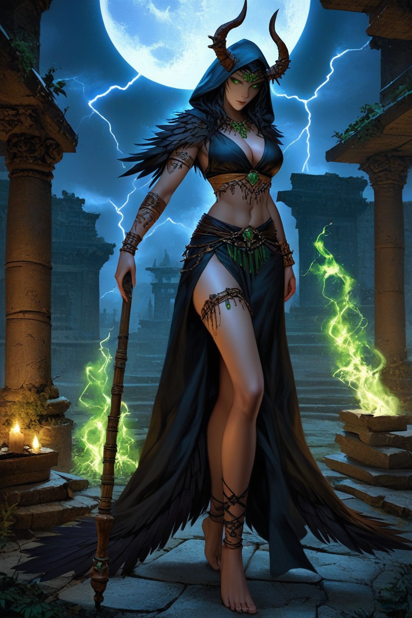 Heavy Rain, Full Moon, Green Fire Braziers Hentai AI Porn