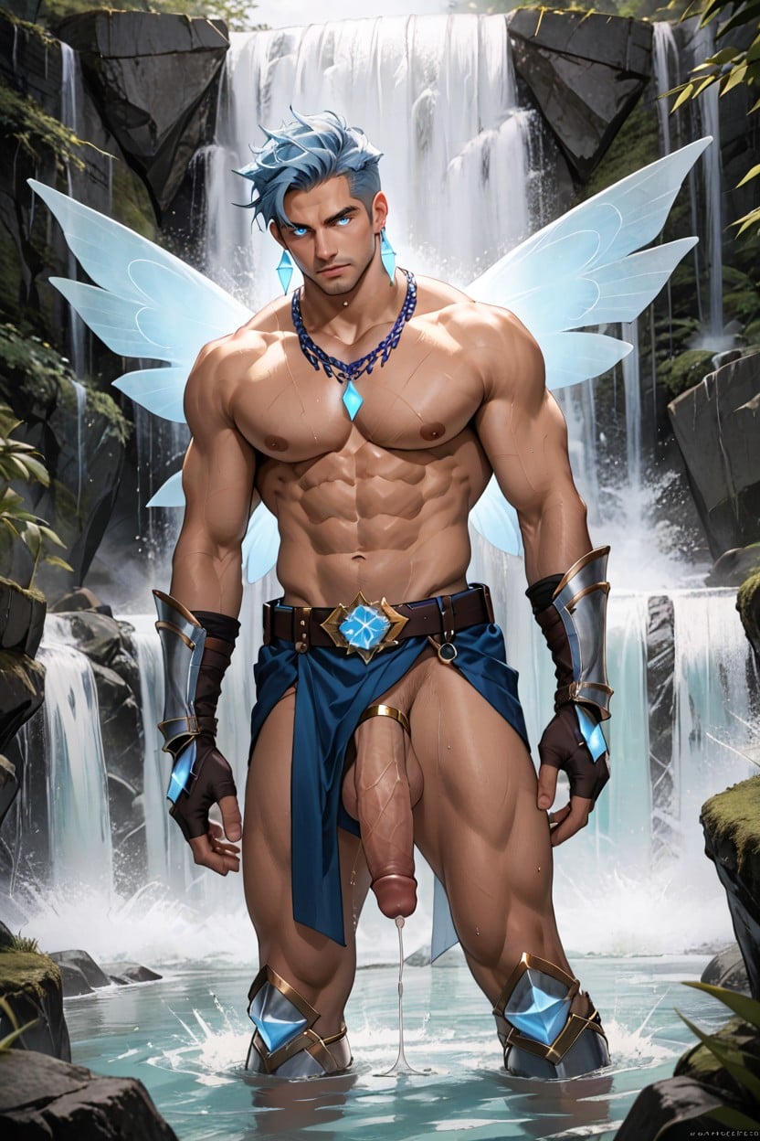 Blue Glowing Eyes, Big Pecs, Light Blue Hair AI Gay Porn
