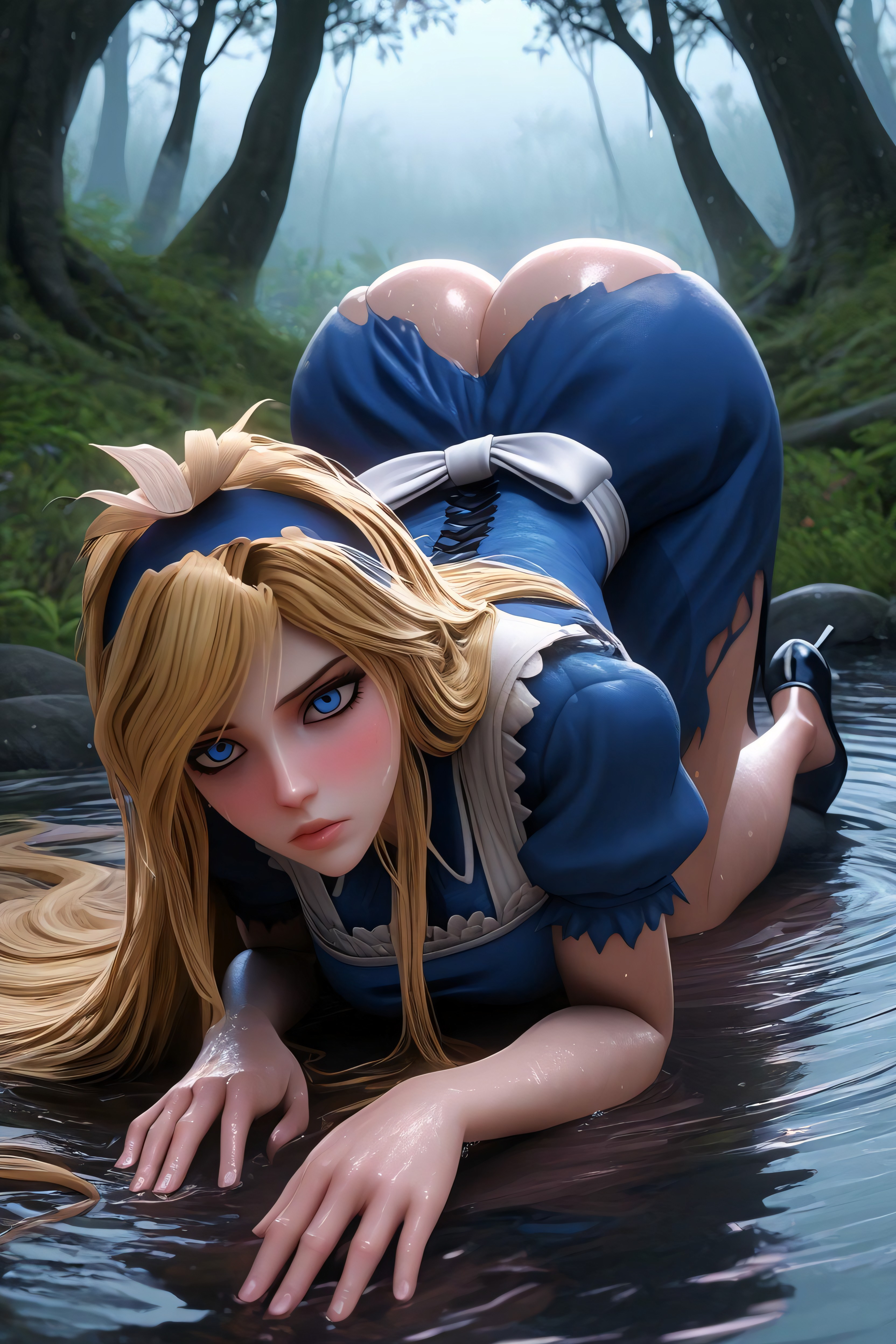 Extremely Wet Clothes, Thigh High Stockings, Spooky Atmosphere AI Porn