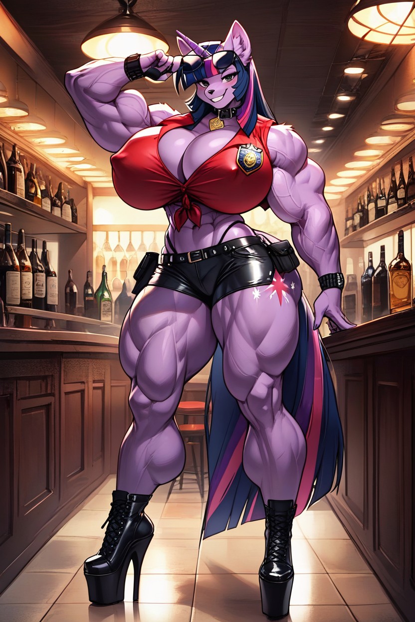 Covered Nipples, Bar, Extreme Muscle Definition Furry AI Porn