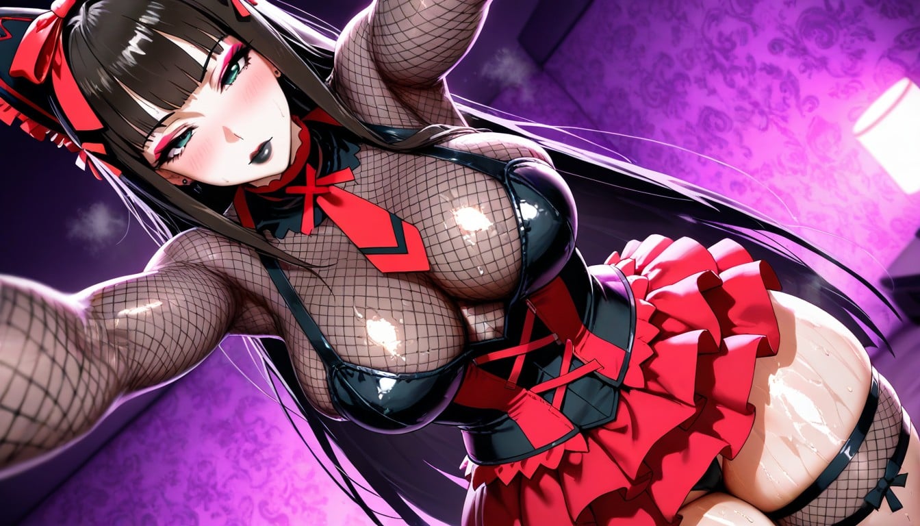 Extremely Pretty Face, Bedroom, Big Red Bow With Black Cones Hentai AI Porn
