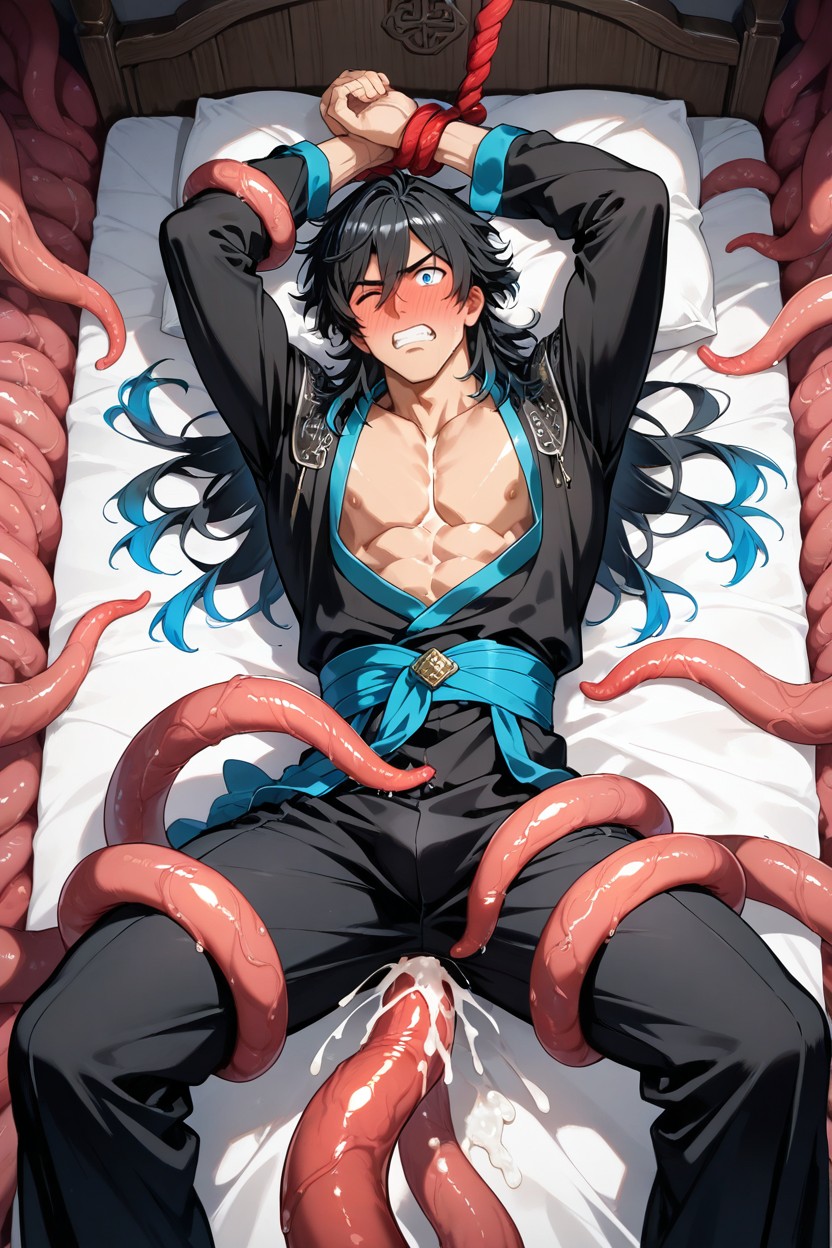 Hands Tied Above, Lying On The Bed, Luxurious Look AI Gay Porn