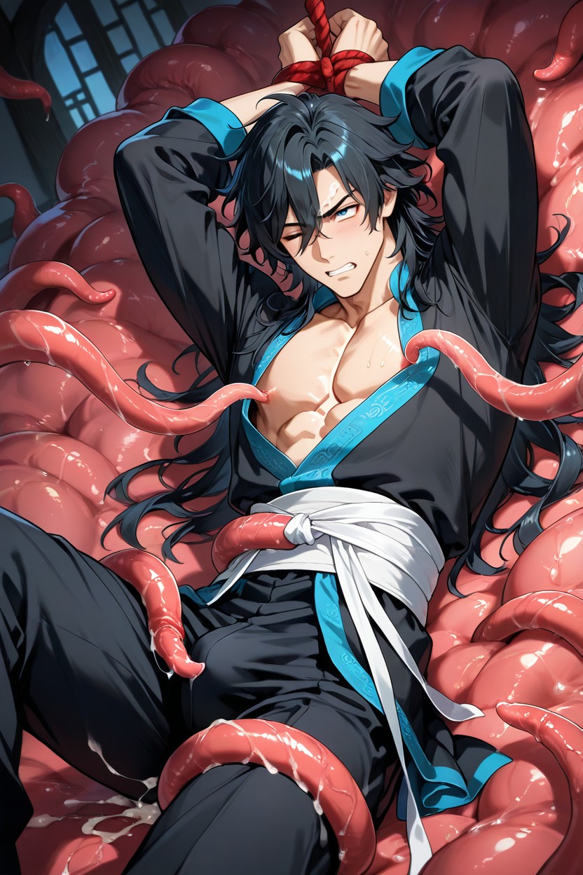Long Bangs Hanging Down To The Forehead, Hands Tied Above, Tentacles AI Gay Porn