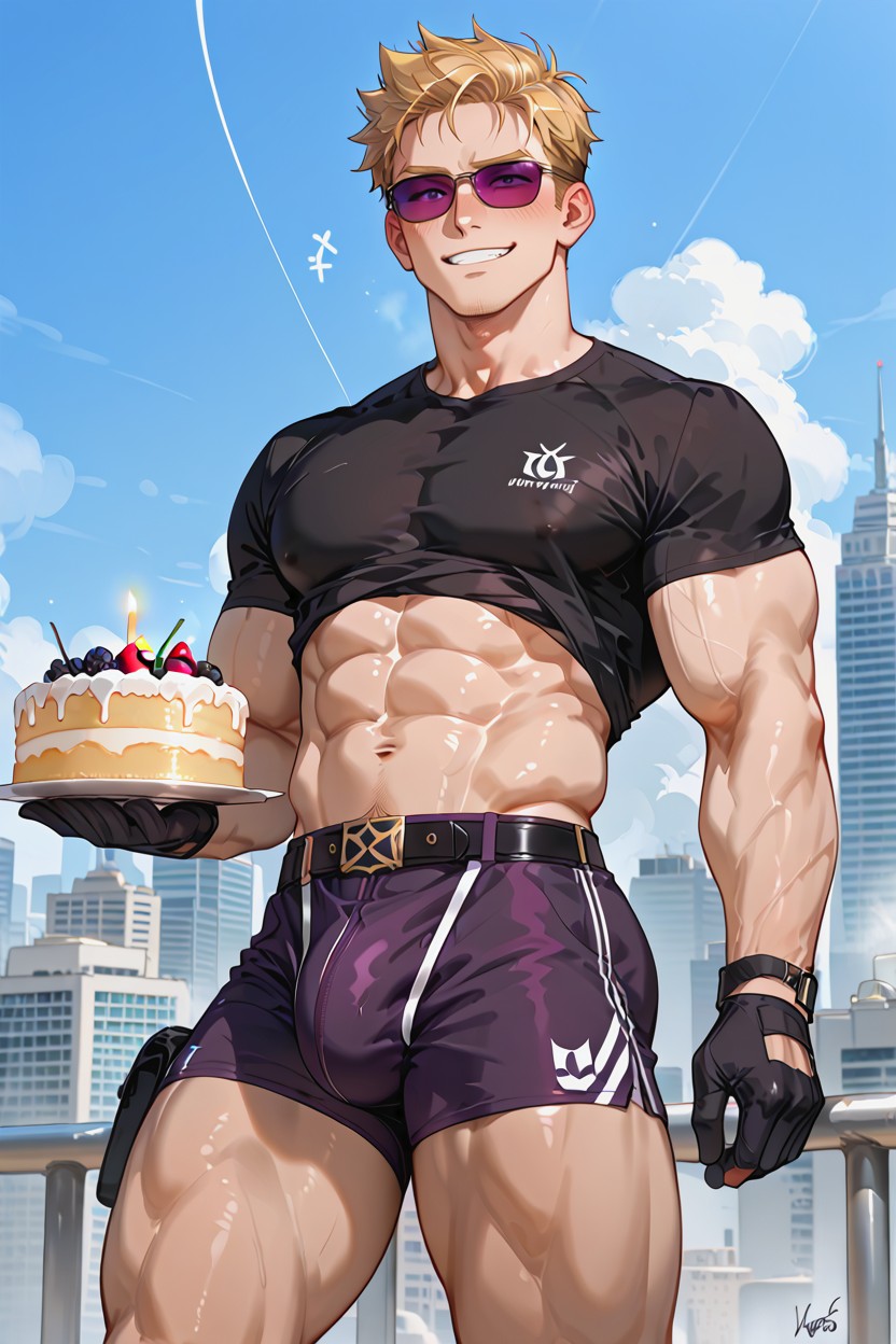 He Is Holding A Cake, Pale Skin, Manly Face AI Gay Porn