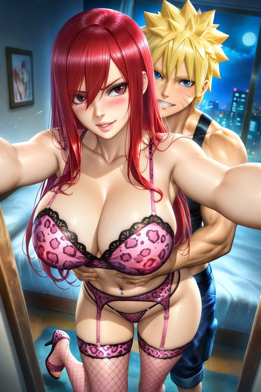 Massive Nipple, Hugged From Behind, Red Blonde Hentai AI Porn
