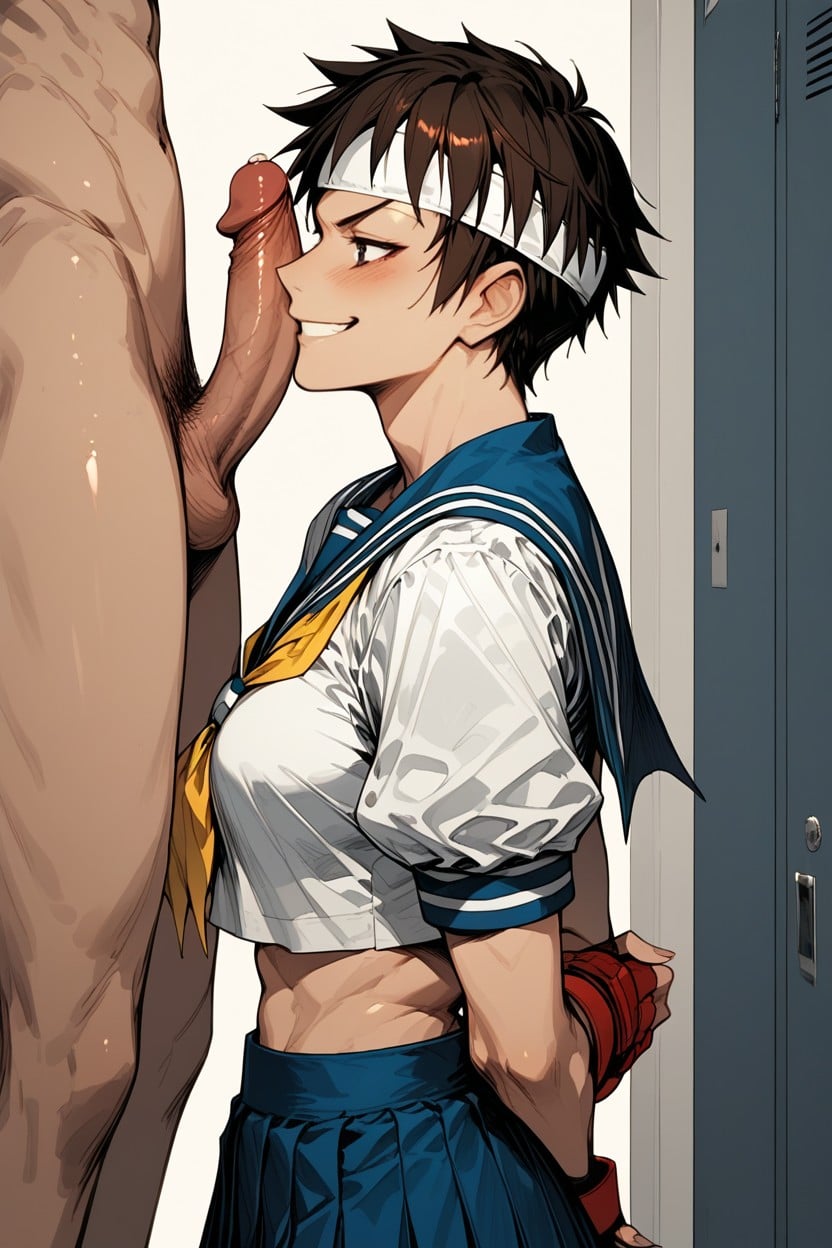 Shivering, Changing Room, Red Fingerless Gloves Hentai AI Porn