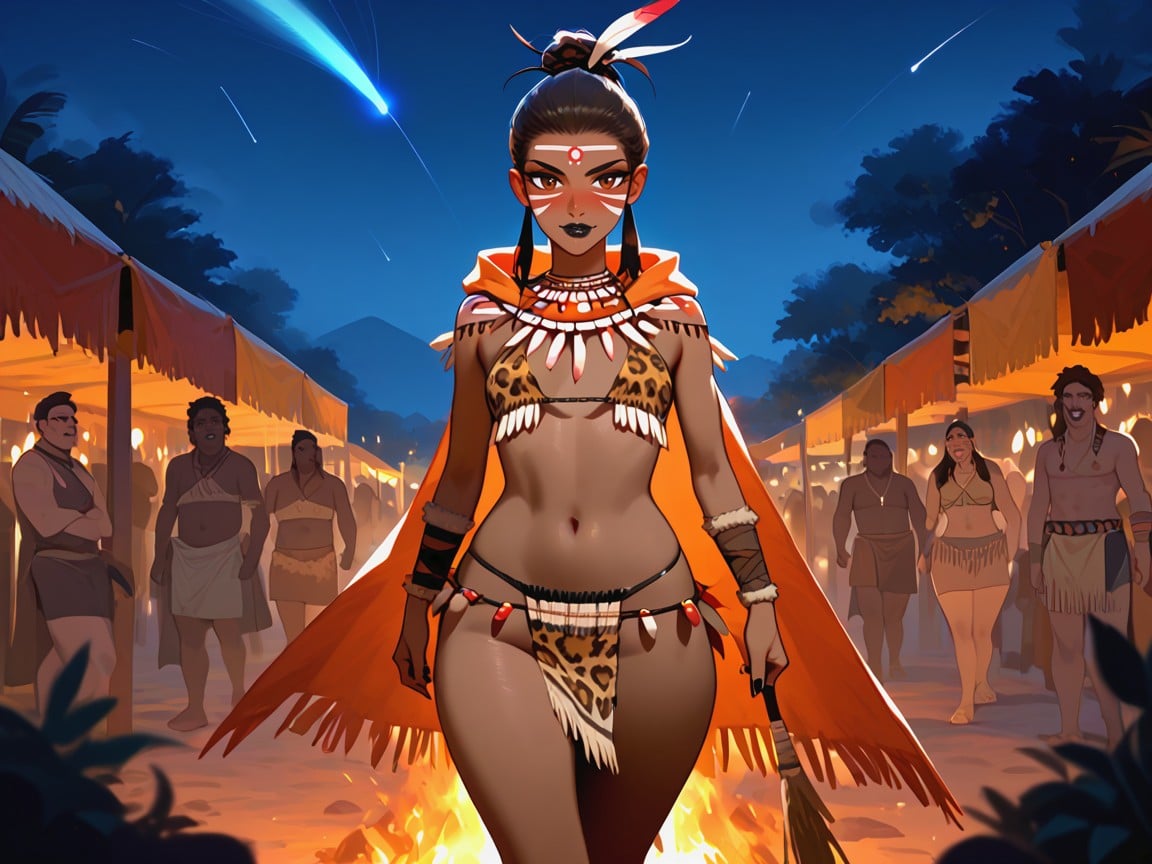 Snatched Waist, Tribal Villagers In Distance, 18+ Latina AI Porn