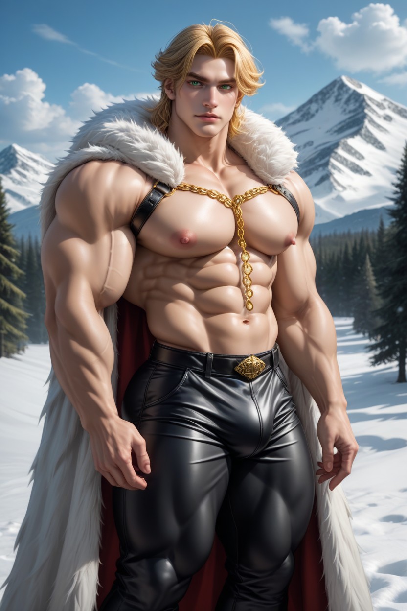 White Fur Coat, Green Eyes, Shirtless AI Gay Porn