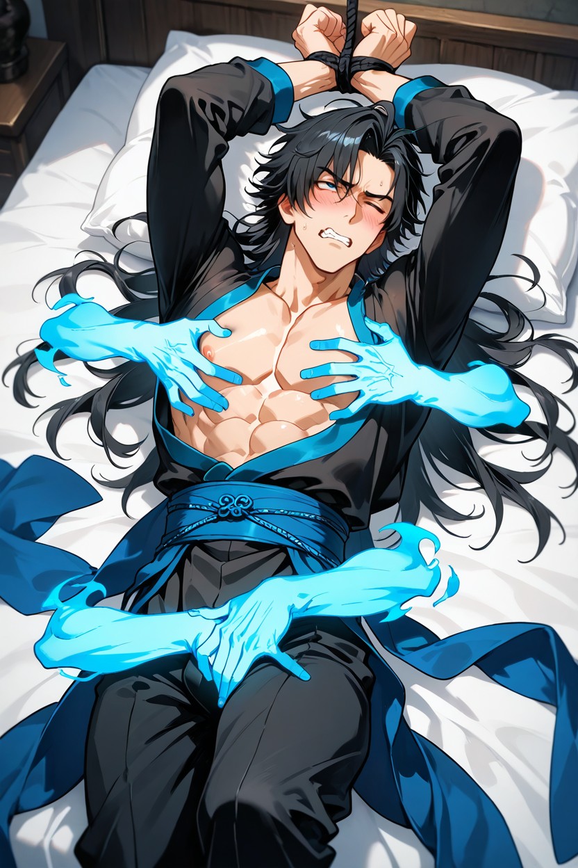 Black Pants, Glaring, Tied To The Bed By Many Ghost Arms AI Gay Porn