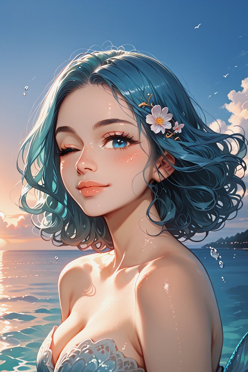 Rosy Cheeks, Blue Eyes, Soft Ocean Blue Color Palette AI Porn